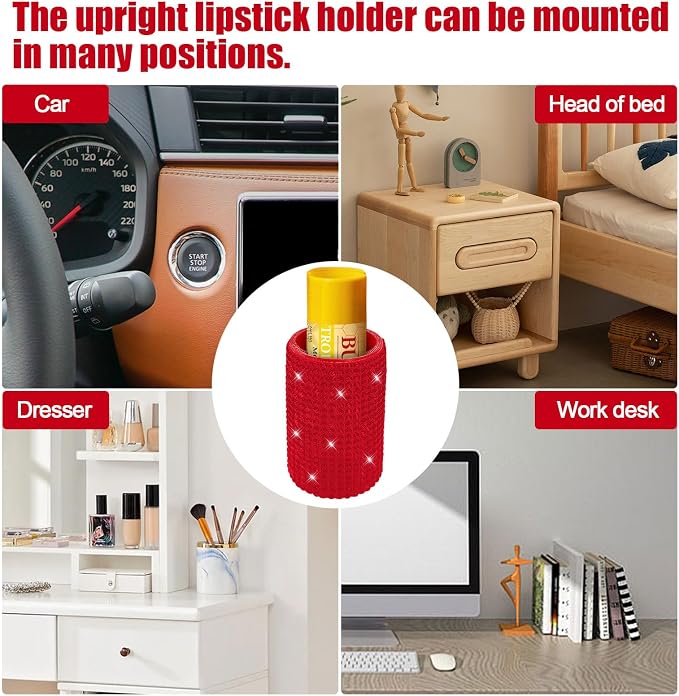 Upright Car Chapstick Holder, Bling Insulating Lip Balm Holder,Rhinestone Car Accessories for Women Interior,Suitable for Most Vehicles. (Red)