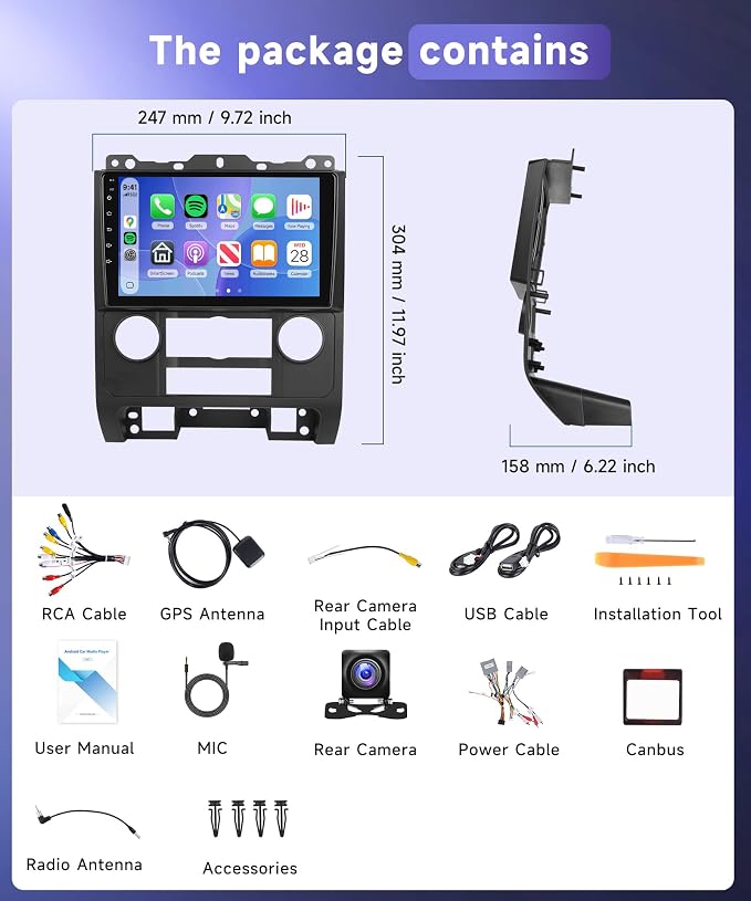 4G+64G Car Radio Stereo for Ford Escape Kuga Mazda Tribute 2007-2012, 9" IPS Touch Screen/Android 15/Wireless CarPlay/Android Auto/32 EQ/GPS/WiFi/5.0Bluetooth/FM/RDS/SWC/AHD Backup Camera