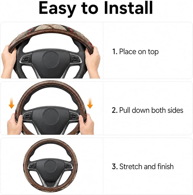 Universal 15inch Ethnic Style Baja Blanket Steering Wheel Cover with Coarse Flax Cloth and Sweat Absorption Anti Slip Car Wrap (Boho Brown leather2)
