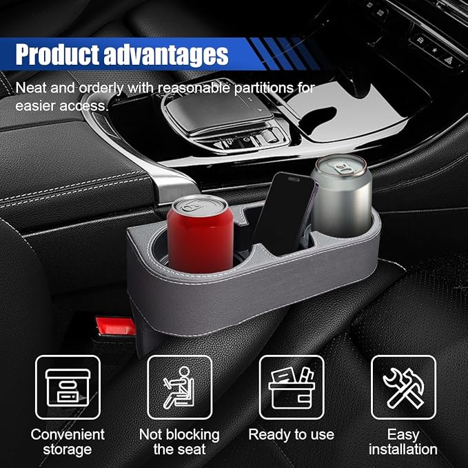 Car Cup Holder, PU Leather Cover Auto Front Seat Organizer, Grey | Multifunctional Cup Drink Holder, Gap Filler Coin Bucket Storage Box, Console Side Pocket, Cell Mobile Phone Holder