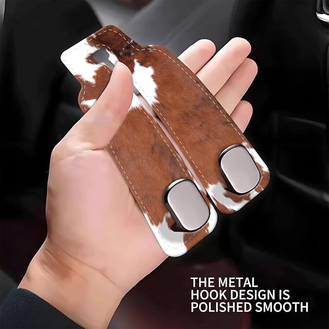 Car Seat Headrest Hook, Universal Leather Cute Hanger Holder Hook, Storage Organizer Interior Accessories for Purse Bags Handbag Brown White Cowhide