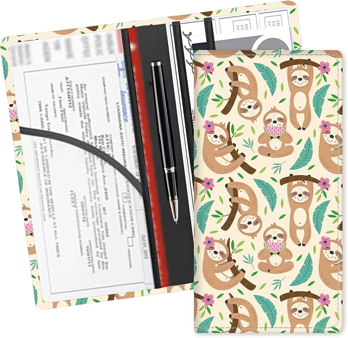Leather Car Registration and Insurance Card Holder, Cute Car Accessories Vehicle Glove Box Car Organizer for Documents, Cards, License Cute Sloths