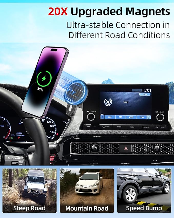PZK Car Phone Holder for 2020-2026 Toyota Highlander 12.3-inch Screen Only | Magnetic 15W Fast Wireless Charger Phone Mount for Highlander Lmited/Platinum Accessories 360° Adjust (Not Fit 8-Inch)