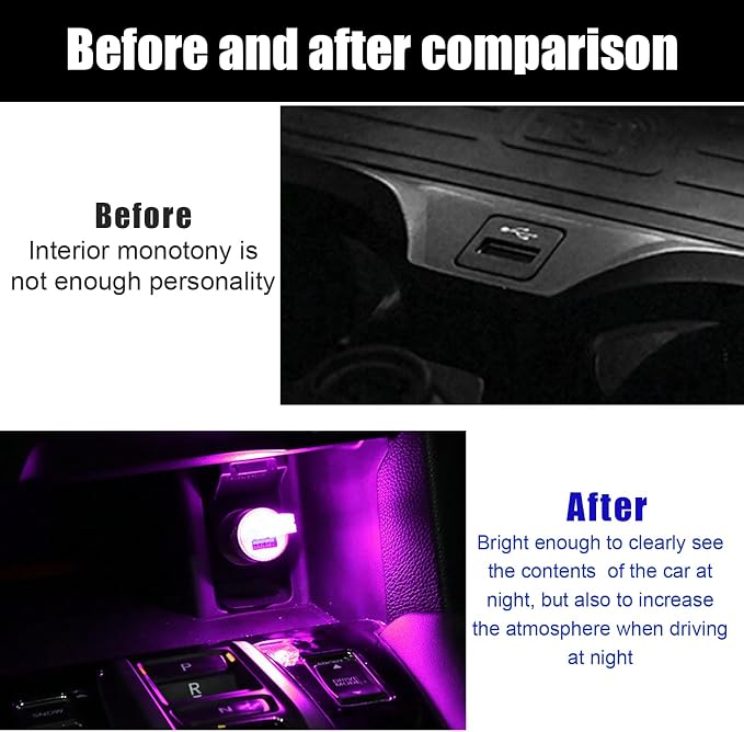 2 PCS USB LED Car Interior Atmosphere Lamp, Portable Mini LED Night Light, Plug-in USB Interface Trunk Ambient Lighting Kit, Universal Interior Car Accessories (Purple)