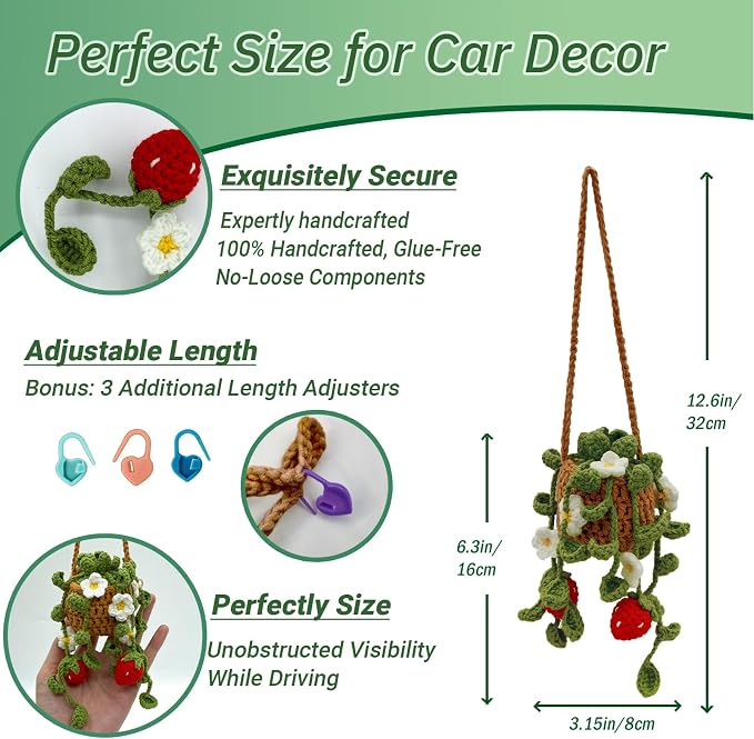 Crochet Hanging Plant for Car,Car Decorations Interior,Plant Aesthetic Car Accessories for Women Interior Cute,Car Ornaments Charms for Rear View Mirror,Boho Car Decoration Gifts