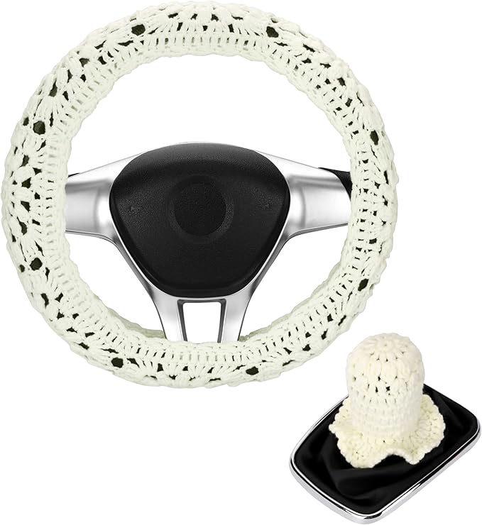 Crochet Steering Wheel Cover Set,Cute Car Steering Wheel Cover Boho 14-15in,Sunflower Granny Square Pattern,Women Car Accessories,Crochet Shift knobs Cover (Steering Cover + Shift Knob Cover)