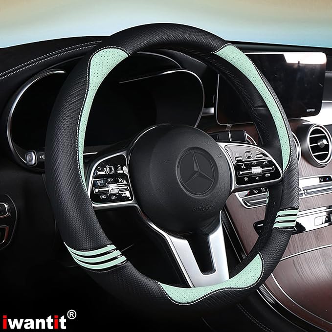 Steering Wheel Cover with Carbon Fiber and Anti-Slip Rubber Ring,Universal Fit 14.5-15 inches for Cars,SUV (Fruit Green)