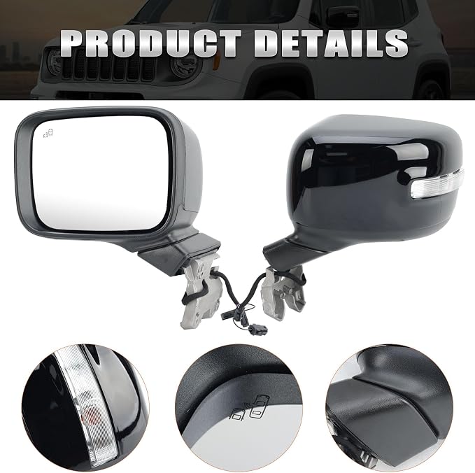 Driver Side Mirror Compatible with Jeep Renegade 2015-2023 Power Glass Heated with Turn Signal Indicator Blind Spot Detection Manual Folding Bright Black Left Door Mirrors (7＋1 Pins)