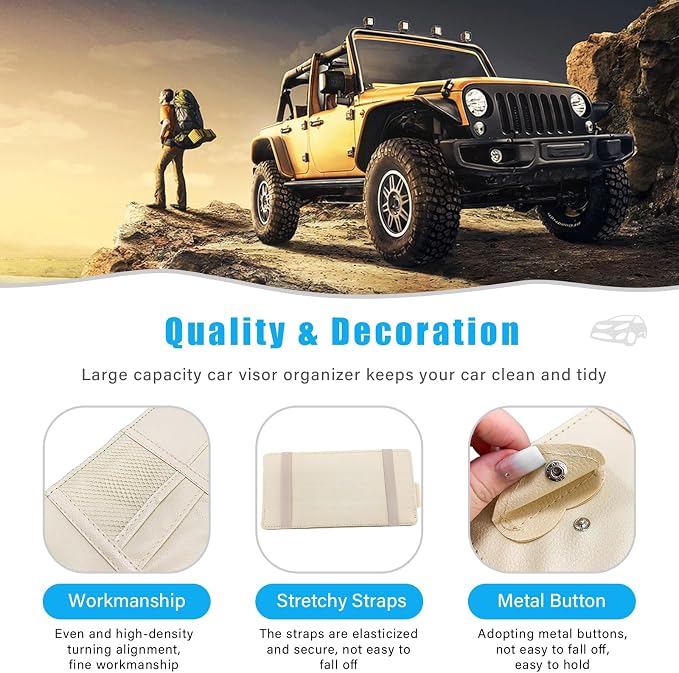 Car Sun Visor Organizer, Leather Personal Belonging Storage Pouch with Zipper, Car Visor Storage Pouch Sunglasses Holder, Auto Interior Accessories Pocket Organizers (Beige)