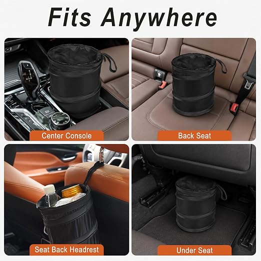 2 PCS Instant Pop Up Trash Can – Collapsible Waterproof Mini Trash Can for Car, 1 Gallon, Hanging on Headrest, Leak-Proof Lining, Portable for Road Trip, SUV, Truck, Sedan