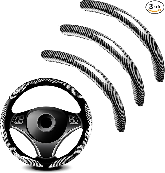 3pcs Universal Carbon Fiber Steering Wheel Cover - Anti-Slip & Segmented Design, Universal 99% Durable Steering Wheel Protector for Men and Women, Car Interior Accessory (Silver)
