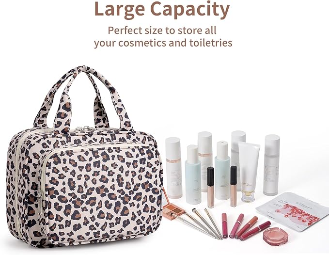 Hanging Toiletry Bag for Women, Travel Makeup Bag Organizer, Dry Wet Separation, Portable Bathroom Travel Bag for Toiletries, Cosmetics, Essentials, Brushes (Leopard)