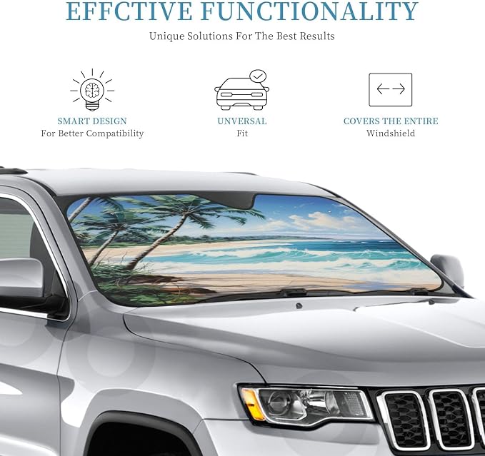 Windshield Sun Shade Beach Sea Palm Tree Car Front Window Sunshade Cover for Truck SUV Blocks UV Rays Automotive Visor Interior Protector 55 x 30 inch