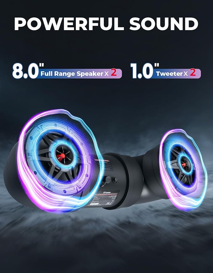 ATV Speaker 8 Inch Bluetooth-connectivity ATV UTV Sound Bar w/ 20 RGB Light Modes, 2X Full Range Speakers 2X Tweeters Boat Sound System Compatible with Polaris Sportman Fourtrax Can Am