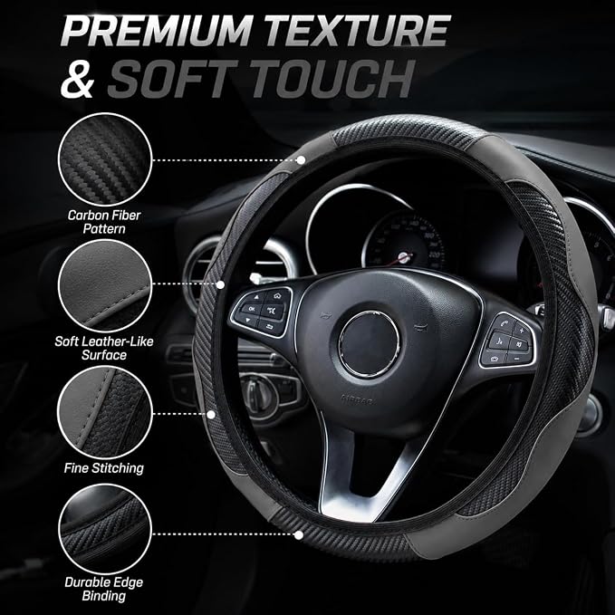 Car Steering Wheel Cover 15 inch, Microfiber PU Leather Elastic Steering Wheel Protector, Anti-Slip Breathable Car Interior Accessories for Most Cars (Grey)