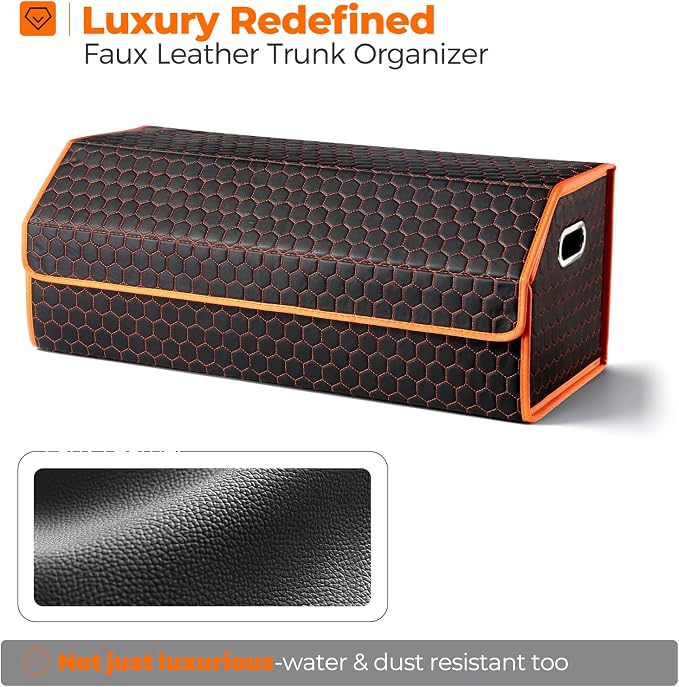 Car Trunk Organizer for SUV and Sedan, Orange-Honeycomb, 29.5 in | Honeycomb Textured Exterior, Extra‑Large, Premium Leather, Magnetic Lid, Collapsible & Adjustable, Water‑Resist & Dust‑Proof