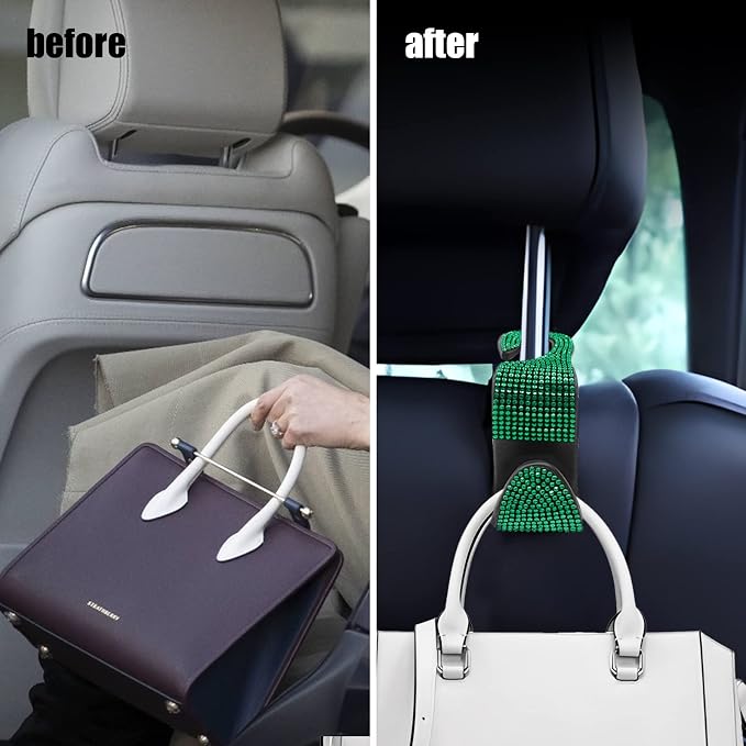 2PCS Car Seat Hooks, Bling Car Rhinestone Headrest Hooks, Universal Bling Car Interior Accessories, for Handbag, Clothes, Purse, Water Bottle (Green)