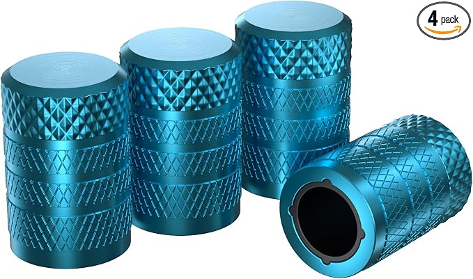 Tire Valve Stem Caps, Cyan, 4 pcs/Pack | Anodized Aluminum Tire Valve Cap Set, Corrosion Resistant, Universal Stem Covers for Cars Trucks Motorcycles SUVs and Bikes