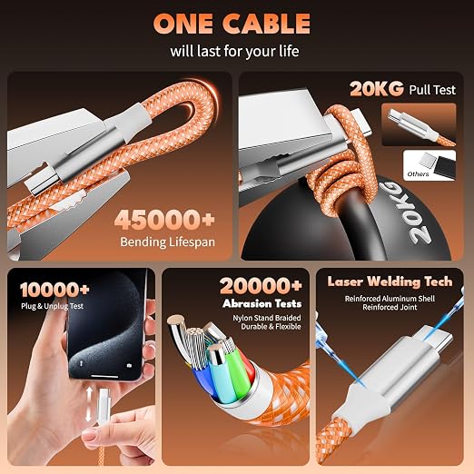 4 in 2 Multi Charging Cable, USB C Multiple Charger Cable with 3 X Type-C,1 X IP, Upgrade 2026 Travel Essentials Phone Charger Cord for iPhone 17/16/15/14,Car Accessories for Women,Orange