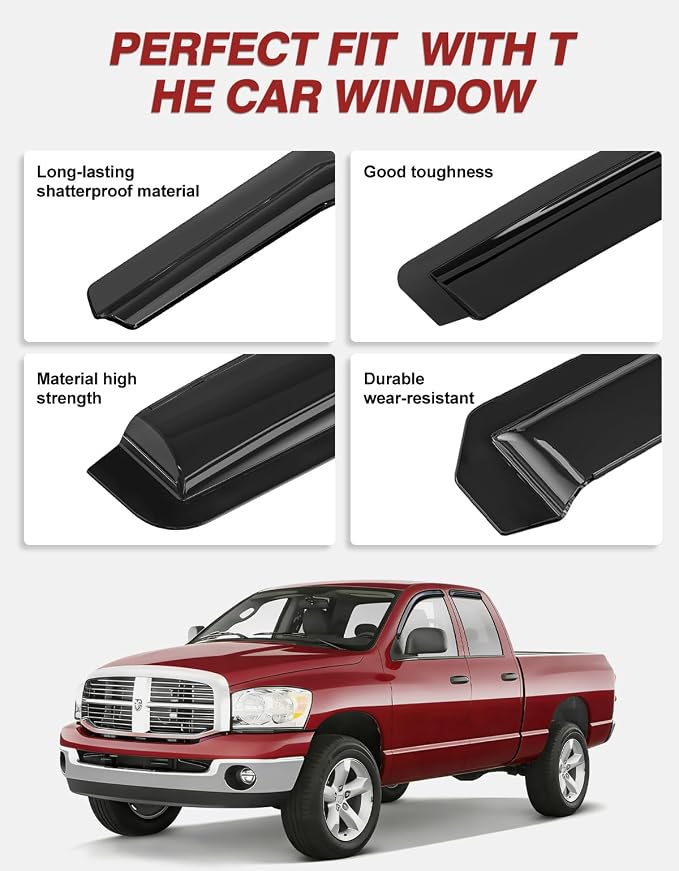 Window Rain Guards Fit for 2002-2008 Dodge Ram 1500 Quad Cab/Extended Cab | Outside-Mount | Window Visors | Wind Deflector for 03-09 Dodge Ram 2500 3500 Extended Cab | Dark Smoke Vent Shades