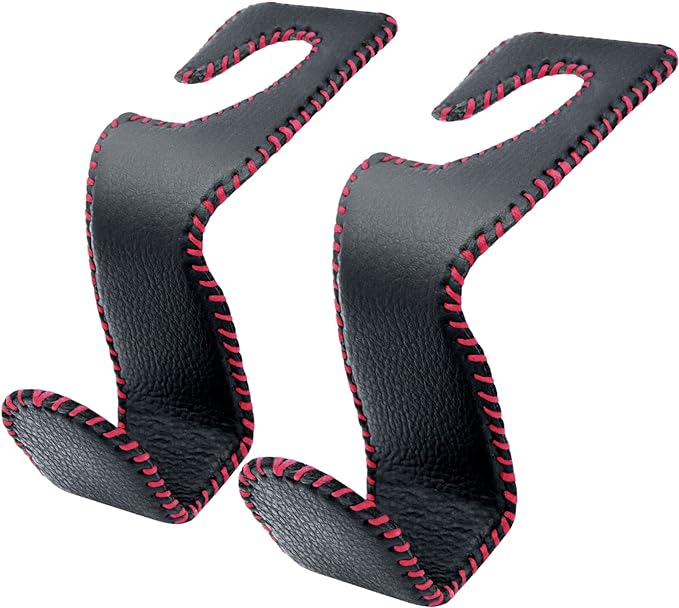 Purse Hook for Car Headrest, Leather Back Seat Organizer Hanger Holder Hook for Hanging Purses and Bags and Coats, 2Pack Black&Red