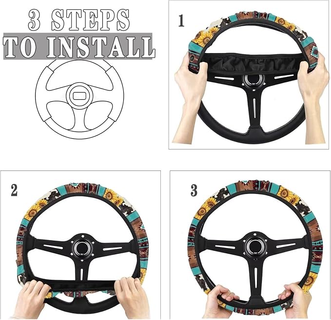 Aztec Sunflower Cow Print Blue 15 Inches Car Steering Wheel Covers Universal Auto Accessories Car Interior Decoration for Women Men