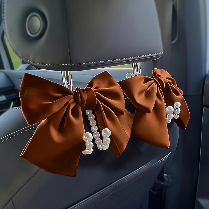 2 PCS Bow Pearl Car Seat Headrest Hook – Cute Purse Hook for Car, Girly Interior Decoration Accessories Hook Hanger, Seatback Holder for Purses & Bags, Elegant Car Organizer (Woody Brown)