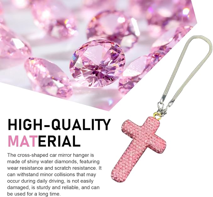 Bling Cross Car Hanging Accessories, Crystal Rhinestone Rear View Mirror Pendant, Religious Rearview Mirrors Decoration Charm, Car Hanging Ornament, Automotive Interior Accessories (Pink)