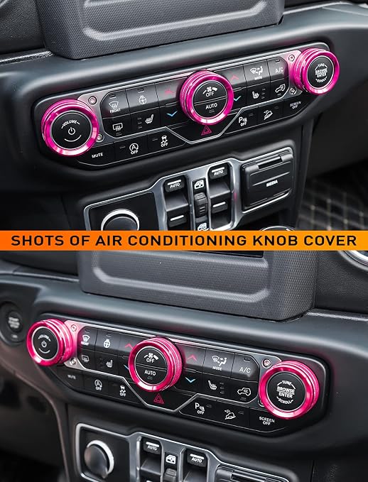 HVAC Climate Control Panel Knob Trim Kit & Light Control Switch Cover, Air Conditioner Knob Aluminum Alloy Ring for 2018-2024 Jeep Wrangler JL JLU & Gladiator JT, Interior Accessories, Pink