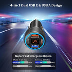 USB C Car Charger, 65W Dual USB-C & USB-A Multi Port Cigarette Lighter Adapter with Voltmeter QC/PD 3.0 Fast Charging 12V Car Phone Charger for iPhone 17 16 15 14 13 12 Pro Max Samsung(Black)