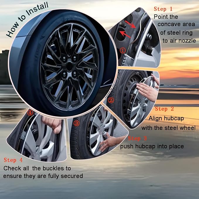 Hubcap Wheel Cover Replacement R15 Hub Caps Universal-Fit Steel Wheel Rim Cover ABS Material Exterior Accessories for Car Truck SUV -Set of 4（15-inch，Black）