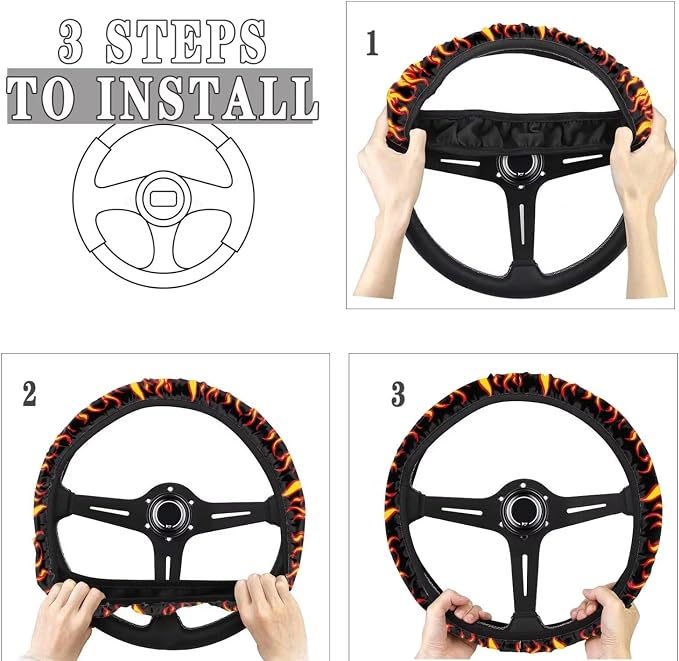 Flames Pattern Car Steering Wheel Covers Sweat Anti-Slip Soft Grip Universal 14-15 inch Stretch-on Fabric Steering Wheel Protector Fits Sedans SUV Vans Trucks Red