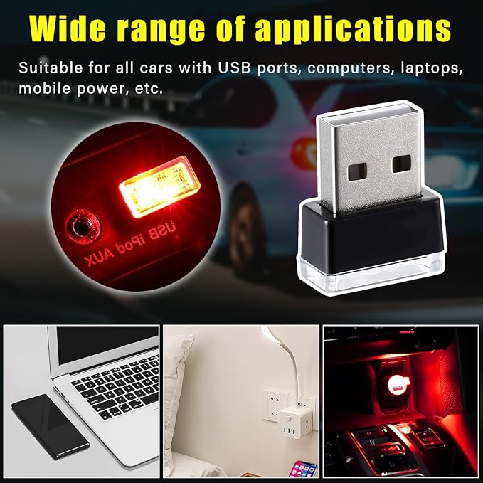 4 PCS USB LED Car Interior Atmosphere Lamp, Plug-in USB Decor Night Light, Portable Auto Ambient Lighting Kit, Universal Vehicle Interior Accessories for Most Cars (Red)
