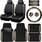 Leopard Print Faux Leather Car Seat Covers & Leopard Car Mats&Leopard Steering Wheel Cover Seat Belt Universal Car Accessories for SUV,Van,Saden,Truck Automobile Interior Sets(Gold Black)