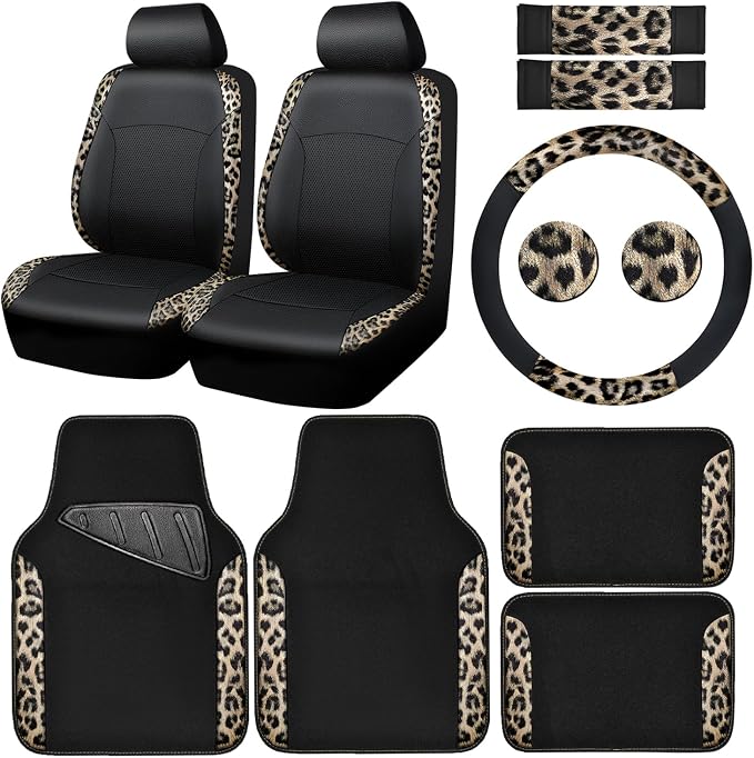 Leopard Print Faux Leather Car Seat Covers & Leopard Car Mats&Leopard Steering Wheel Cover Seat Belt Universal Car Accessories for SUV,Van,Saden,Truck Automobile Interior Sets(Gold Black)