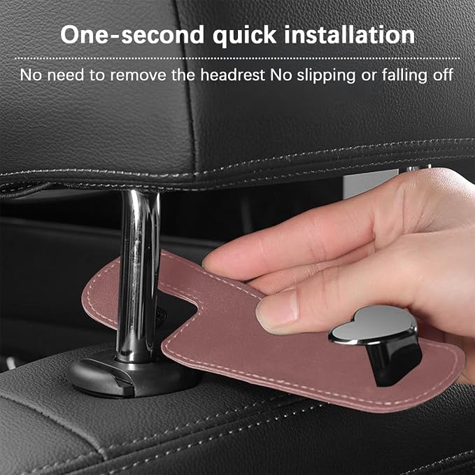 2PCS Car Seat Headrest Hook, Suede Leather Heart Hanger, Brown | 1.77x6.42 Inch, Universal fit, most Sedans/SUVs/Trucks, alloy core, half-open mount, interior accessories