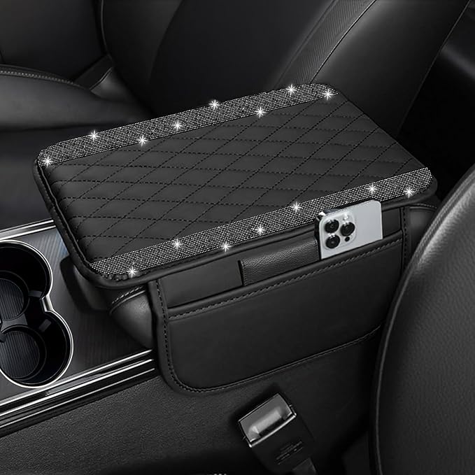 Bling Car Center Console Cover, Leather Car Arm Rest Cover Cushion with 2 Storage Bags, Universal Automotive Armrest Protector Storage Box, Bling Accessories Interior for Most Vehicles (Black)