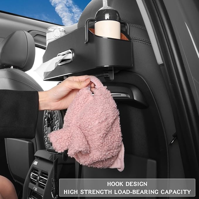 Car Back Seat Organizer with 2 Drink Cup Holder - Tissue Box and Storage Box Hook - Multi-functional Storage - Great for Kids and Travel (Black)