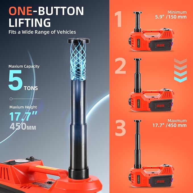 Electric Car Jack 5 Ton 12V Floor Jack with Inflator Pump Portable Hydraulic Jack Vehicle Lift for Car SUV Sedan MPV Tire Change with Led Light