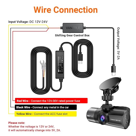 11.5ft USB-C Hardwire Kit (12V–24V to 5V) with Acc Functionality, Low Voltage Protection, Compatible with All USB-C Dashcams