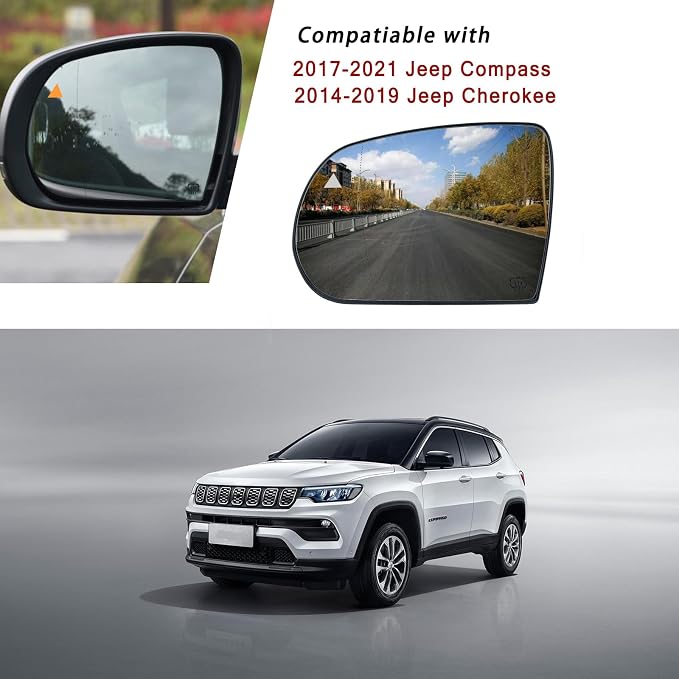 Blind Spot Driver Side Mirror Replacement for Jeep Cherokee 2014-2019 Jeep Compass 2017-2021, Left Exterior Side Rearview Mirrors Glass, with Backing Plate, Power Heated,Blind Spot Detection