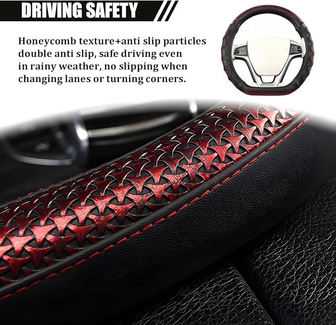 D-Shaped Car Steering Wheel Cover, 14.5-15" Anti-Slip Steering Wheel Protector with 3D Honeycomb Massage Grip, Comfortable Sporty Auto Interior Decor Accessories, Universal Fit (Black/Red)