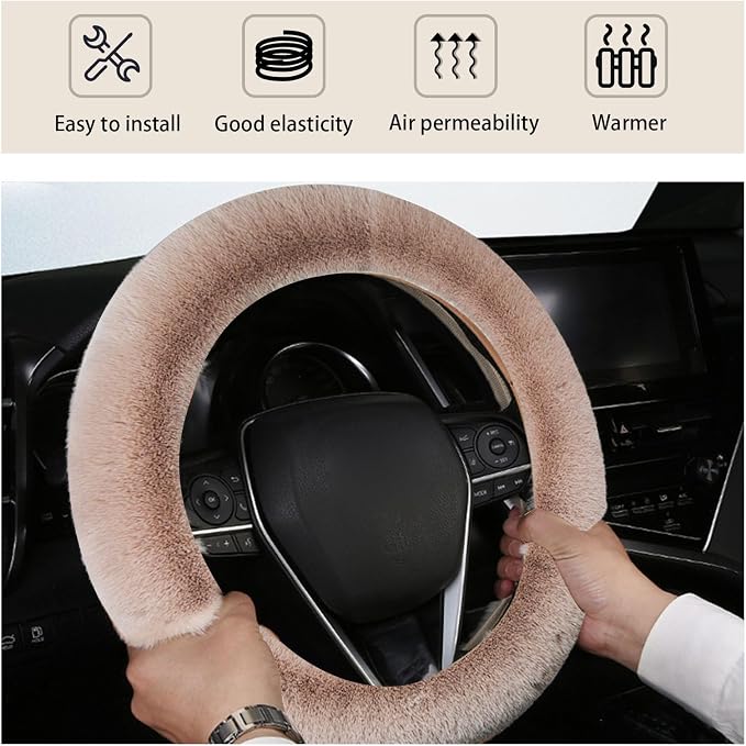 Fuzzy Steering Wheel Cover, 15 inch Soft Wool Fur Steering Wheel Protector, Fluffy Wheel Covers for Winter Warm, Car Interior Decoration Accessories for Women Men (Light Brown)