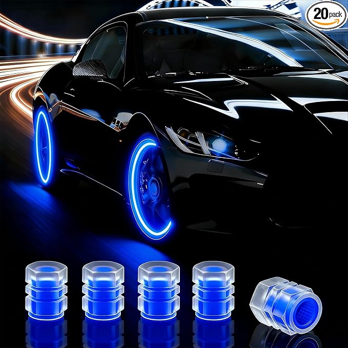 20 Pcs Glow in The Dark Tire Valve Caps Fluorescent Tire Valve Stem Caps, Cool Car Present for Universal Decoration Accessories for Car SUV Bicycle Motorcycles Trucks (Blue)