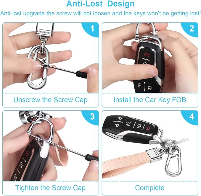 Genuine Leather Car Keychain,Universal Heavy Duty Metal Key Chain Accessories,Car Fob Key Keychain Holder with 360 Degree Rotatable Snap Swivel and Anti-Lost D-Ring for Men Women（Pink）