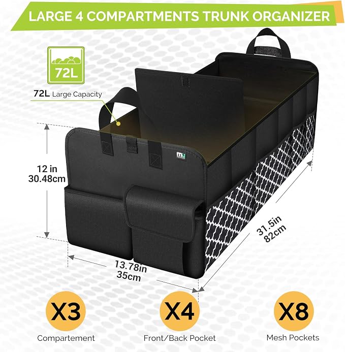 Trunk Organizer for SUV, Car Organizer, Collapsible Trunk Organizer for Car, Non-Slip Storage Organizer for Sedans, Van, Jeep, Grocery, Large 4 Compartments, Black Grid 32"×13"×12"
