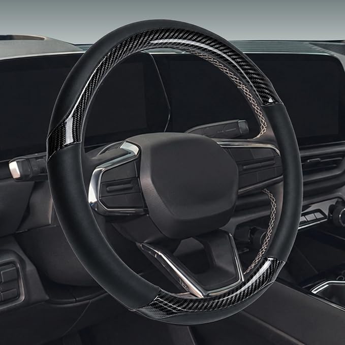 Leather Steering Wheel Cover for Chevy Silverado 1500 2500 3500, 14.5-15 inches Car Steering Wheel Cover with Non-Slip Breathable (Carbon Black)