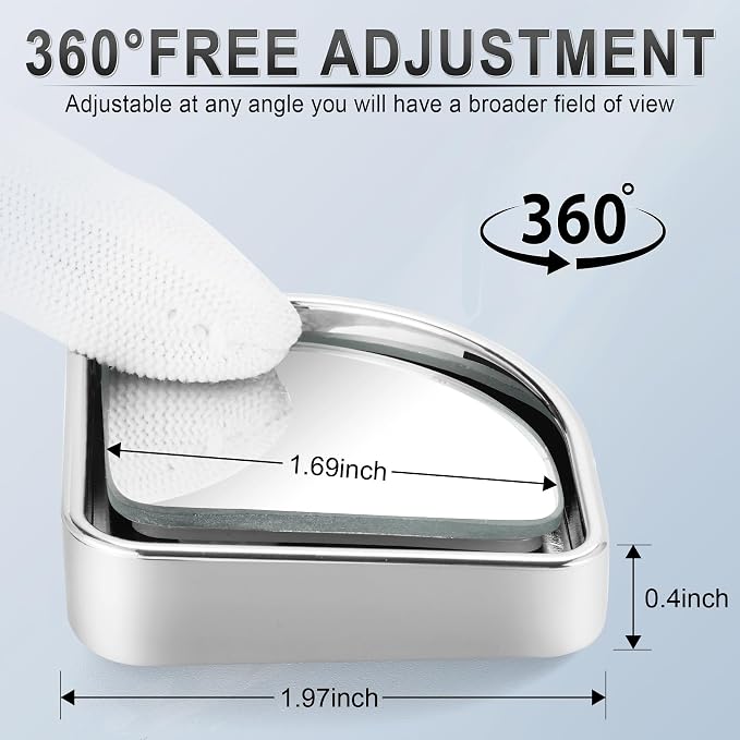 2PCS Fan Blind Spot Mirror, HD Glass and ABS Housing Convex Wide Angle Rearview Mirror with Adjustable Stick for Universal Car, Silvery