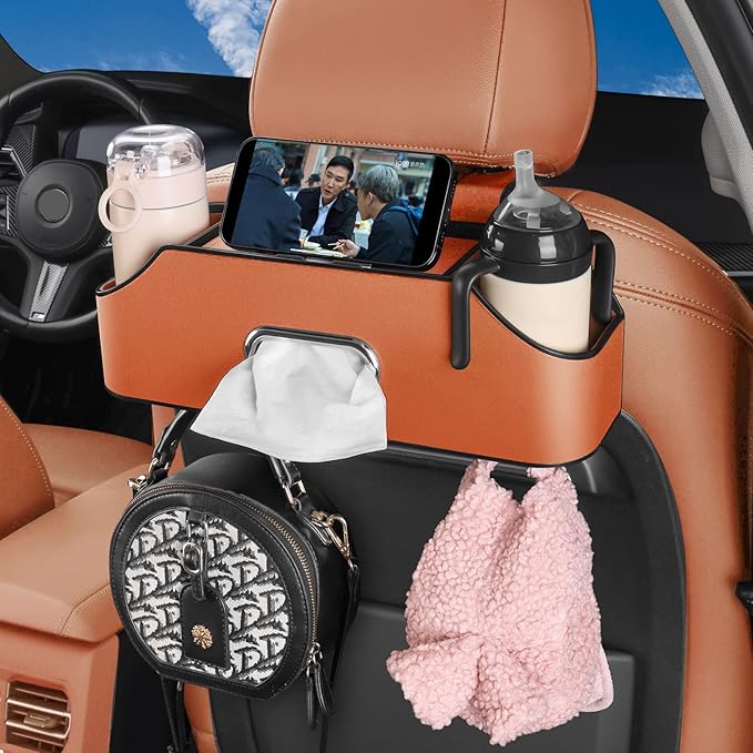 Car Back Seat Organizer with 2 Drink Cup Holder - Tissue Box and Storage Box Hook - Multi-functional Storage - Great for Kids and Travel (Orange)