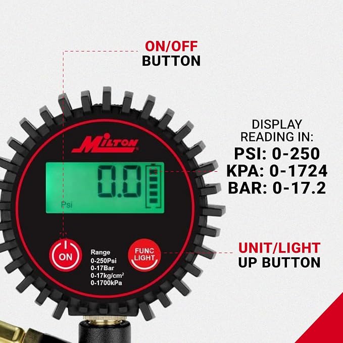 507KIT Digital Tire Inflator Car Accessories w/Accurate Air Tire Pressure Gauge, 14” Rubber Air Hose – 250 PSI, Brass Lock-On Clip Air Chuck and Compressor Accessories
